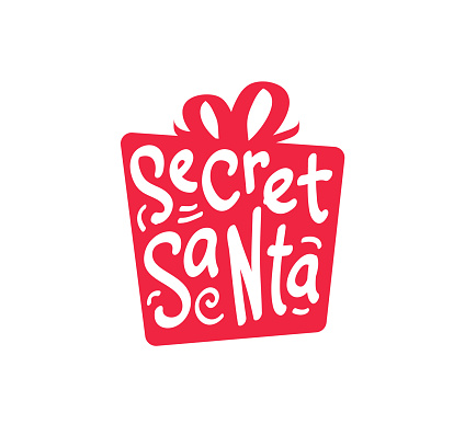 Secret Santa simple logo design in red gift isolated on white background. Gift box with text. - Vector illustration