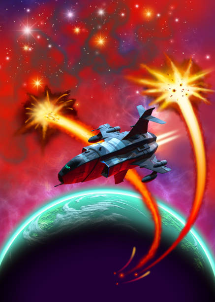 istock Space Battle, spaceship Flying around an alien planet under Attack by missile, 3d illustration 1272091047