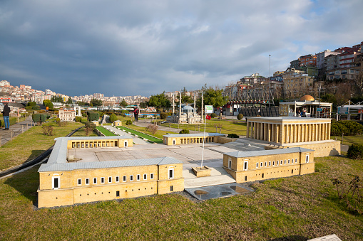 Istanbul, Turkey - February 16, 2019: Miniaturk park in Istanbul, Turkey. Scale copy of the building of Anitkabir of Turkey.