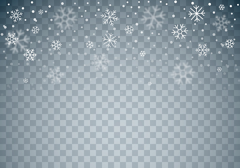 Vector illustration of christmas winter falling snowflakes on transparent background.