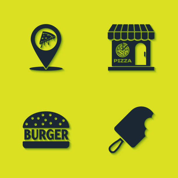 ilustrações de stock, clip art, desenhos animados e ícones de set location with slice pizza, ice cream, burger and pizzeria building facade icon. vector - cold sandwich illustrations