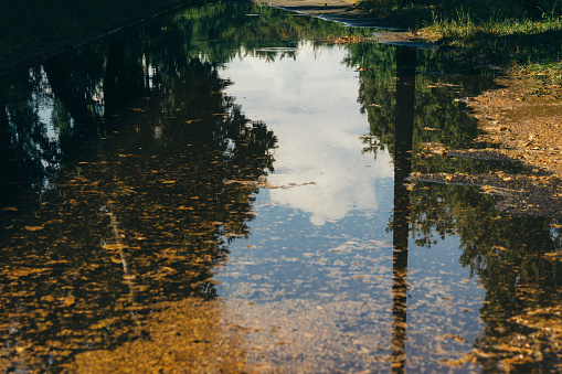 Road after a rain. Reflection of clouds in a puddle after a rain.