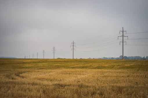 Power lines on the field in cloudy weather. Depressing scenery with power lines on the autumn field.