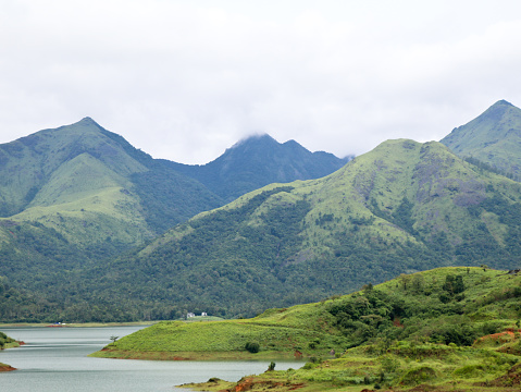 Beautiful hills in the Western Ghats against Banasura sagar dam wayanad, Kerala, extreme long shot