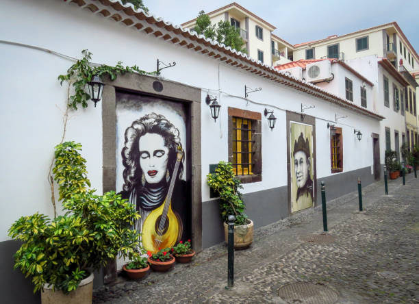 Funchal, Madeira, Portugal - 12/13/2015: beautifully painted doors in the streets of the old town (Zona Velha), The Art of Open Doors (Arte Portas Abertas)