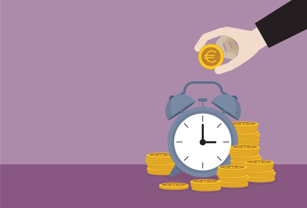 ilustrações de stock, clip art, desenhos animados e ícones de businessman putting a euro coin into a clock - stock market data insurance savings finance