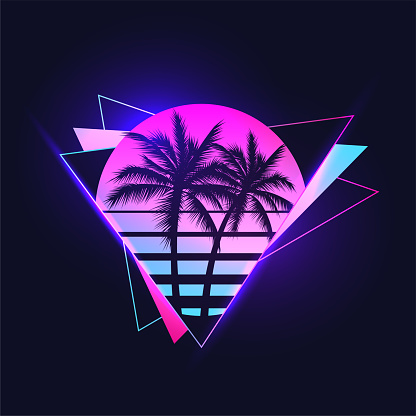 Retrowave or synthwave or vaporwave aesthetic illustration of vintage 80's gradient colored sunset with palm trees silhouettes on abstract triangle shapes background. Vector eps 10 illustration