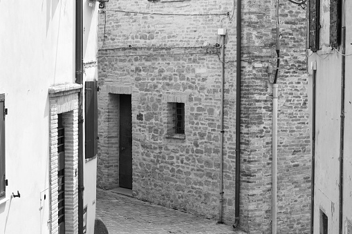 Alley of an Italian village with old brick houses, plants and flowers (Fiorenzuola di Focara, Italy, Europe)