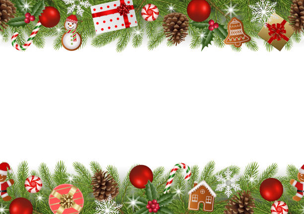 ilustrações de stock, clip art, desenhos animados e ícones de christmas seamless border with pine branches, gingerbreads and decorations - candy cane christmas candy frame