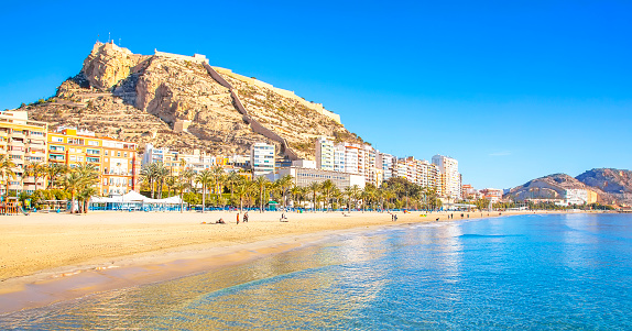 Postiguet beach and coastline in Alicante resort town, Spain