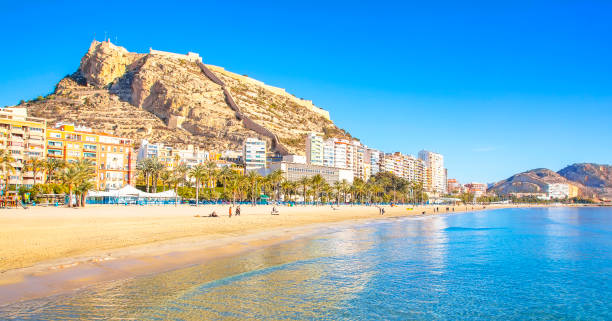 Postiguet beach and coastline in Alicante, Spain stock photo