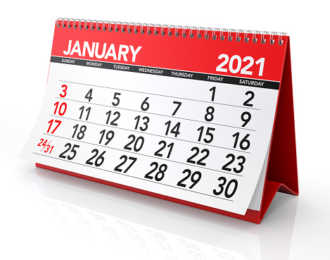 January 2021 Calendar. Isolated on White Background. 3D Illustration