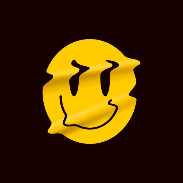 Yellow distorted smile emoji isolated on black background. Yellow smile face logo sticker or poster template for stand up comedy show. Vector illustration. Yellow distorted smile emoji isolated on black background. Yellow smile face logo sticker or poster template for stand up comedy show. Vector eps 10 illustration. distorted face stock illustrations