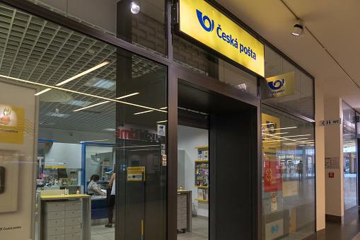 Prague, Czech Republic - July 23, 2020: Signage of Czech Post (Česká pošta), the state owned postal company of the Czech Republic