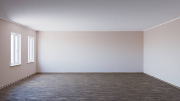 istock Empty Interior with Parquet Floor, Two Plastic Windows, Beige Walls and Wooden Plinth, 3d render 1272113678