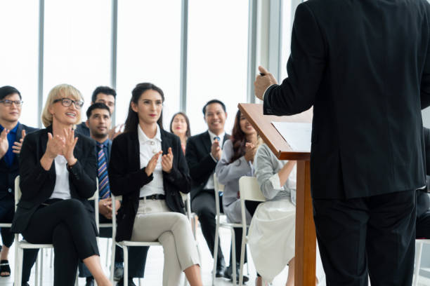 group of business people meeting in a seminar conference - color image bus discussion expertise imagens e fotografias de stock