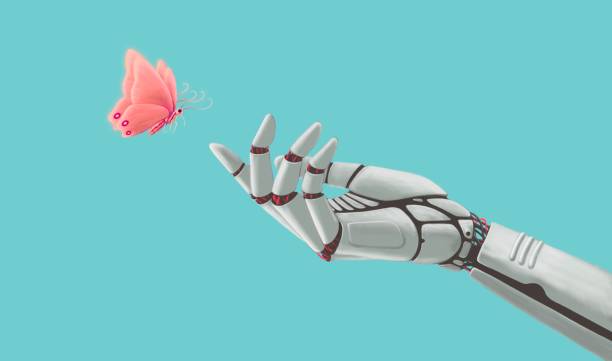istock Technology and nature concept, surreal artwork, robot hand with butterfly , conceptual of freedom ,painting illustration , science 1272116866