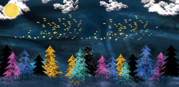 3d modern art mural wallpaper with dark blue Jungle , forest  dark blue background .  black christmas tree , mountain , golden moon with white birds . Suitable for use as a frame on walls .3d, 3d abstract, 3d rendering, abstract, antlers, art, asian, background, beautiful, beauty, blue, bright, christmas, color, colorful, colorful background, decor, decoration, deer, design, digital, floral, flower, forest, ghazal, gold, graphic, green, hill, holiday, illustration, landscape, light, love, magic, modern, mountain, nature, paint, park, pattern, red, season, silhouette, texture, tree, valentine, wallpaper, white, wild