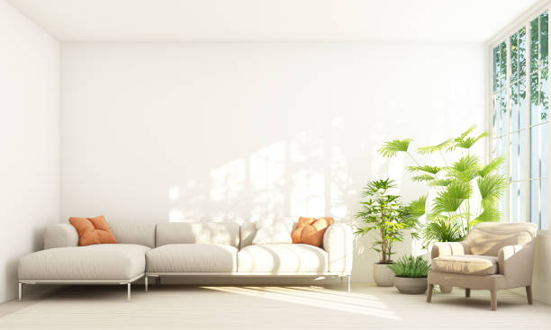 istock Sofa with plant pot in white room and window frame 3d rendering 1272124294