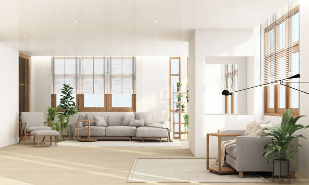 sala de estar en diseño interior de estilo contemporáneo moderno con marco de ventana de madera y escote con muebles grises tono 3d renderizado - cuarto de estar fotografías e imágenes de stock