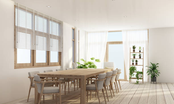 istock Dining area in modern contemporary style interior design with wooden window frame and sheer with grey furniture tone 3d rendering 1272124337