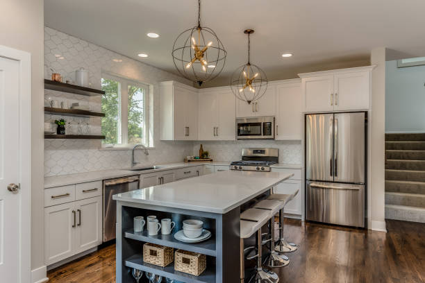 istock New kitchen with bottom freezer refrigerator and stairs nearby 1272128518