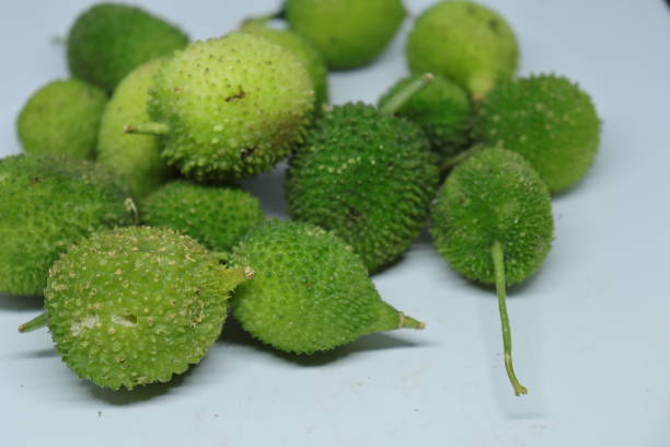 istock Fresh green colorful spiny gourd or teasel gourd vegetables on white background 1272133935