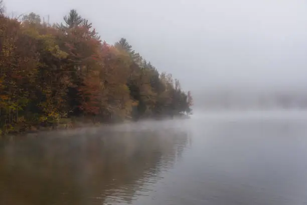 Photo of Thick morning fog covering a mountain lake in autumn
