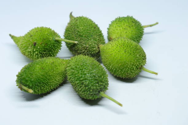 istock Fresh green colorful spiny gourd or teasel gourd vegetables on white background 1272135802