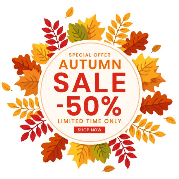 Vector illustration of Autumn special offer sale, circle banner with leaves. Vector illustration.