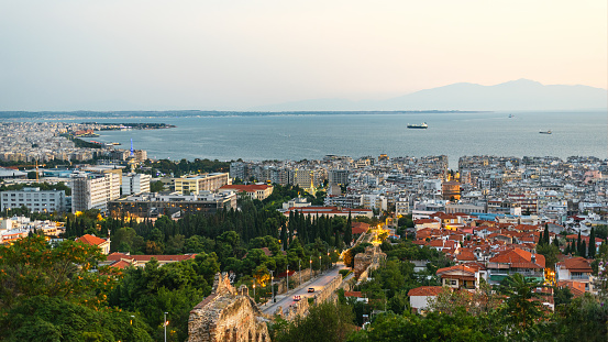 Panoramic view of Thessaloniki city at beautiful summer sunset