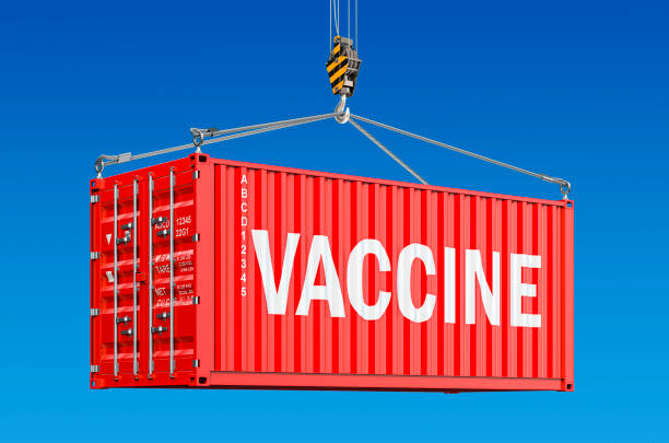 istock Vaccine shipping concept. Cargo container with vaccine hanging on the crane hook. 3D rendering isolated on white background 1272137790
