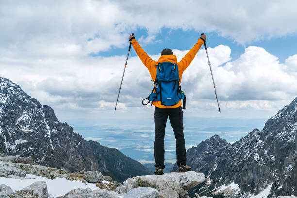 istock Dressed bright orange jacket backpacker man with raised armswith  trekking poles enjoying the mountain valley view during mountain walk in High Tatras, Slovakia. Active people concept 1272142109