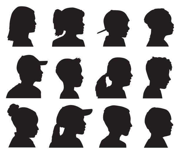 Twelve Children Head Profile Silhouettes Vector silhouettes of twelve children head profiles. sideways baseball hat stock illustrations
