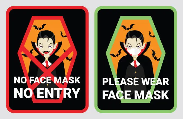 Vector illustration of No face mask, No entry to protect & prevent from Coronavirus or Covid-19. Warning sign vector for notice people or visiter beware and wear face mask before enter the stores, supermarkets on Halloween