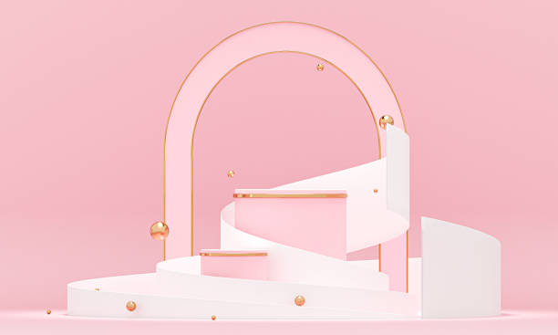 istock 3D rendering white podium geometry with gold elements. Abstract geometric shape blank podium. Scene for product presentation. Empty showcase, pedestal platform display. 1272148814