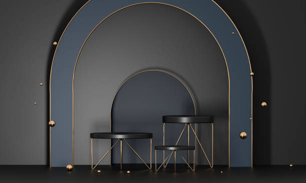 istock 3D rendering podium geometry with blue and gold elements. Abstract geometric shape blank podium. Minimal scene round step floor abstract composition. Empty showcase, pedestal platform display. 1272148815