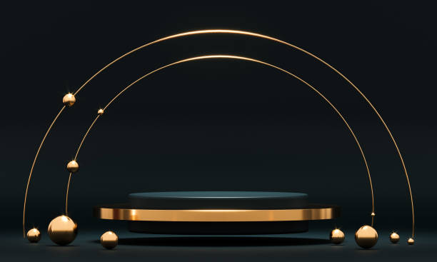 istock 3D rendering black podium geometry with gold elements. Product presentation blank podium. Minimal scene round step floor abstract composition. Empty showcase, pedestal platform display. 1272148828