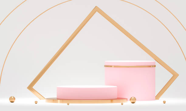 istock 3D rendering white podium geometry with gold elements. Abstract geometric shape blank podium. Scene for product presentation. Empty showcase, pedestal platform display. 1272148830