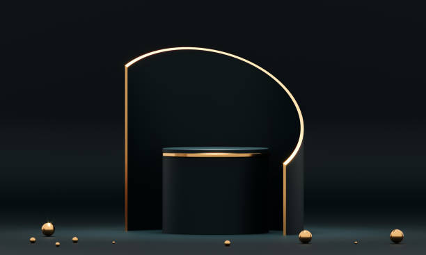 istock 3D rendering black podium geometry with gold elements. Product presentation blank podium. Minimal scene round step floor abstract composition. Empty showcase, pedestal platform display. 1272148839
