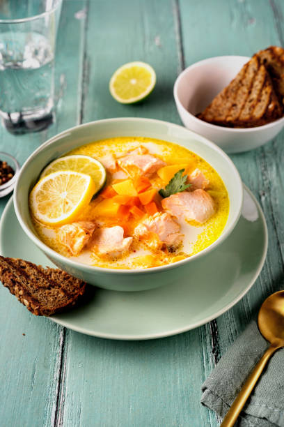 istock A plate with delicious salmon fish soup on rustic light backround 1272150204