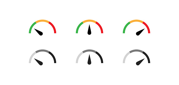 Speedometer color icon set. Gauge simple symbol. Level speed concept in vector flat style.