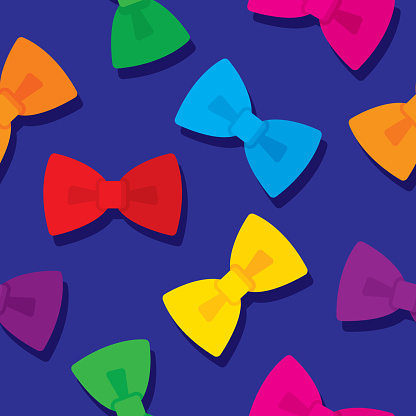 Vector illustration of multi-colored bow ties in a repeating pattern against dark blue background.