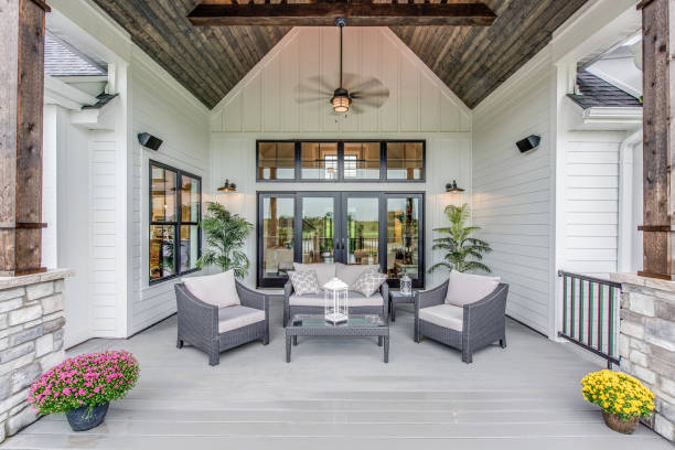 Gorgeous deck with comfortable seating to enjoy a lovely evening outside Wood panel vaulted covering on outdoor gathering area of new home electric fan photos stock pictures, royalty-free photos & images