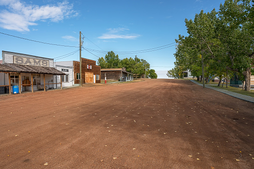Rowley, Alberta, Canada – September 08, 2020:  View of businesses on the village’s main street
