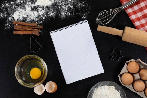 istock View of an empty notebook page with ingredients prepared for baking cookies, arranged on a plain bla 1272181590