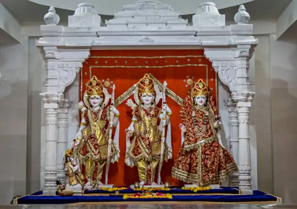 Decorated idols of Hindu Gods Ram, Lakshman & Goddess Sita together in a temple at Somnath, Gujrat, India.