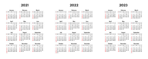простой 2021 2022 2023 сша календаря сетки, начинается воскресенье - backgrounds printout business paper stock illustrations