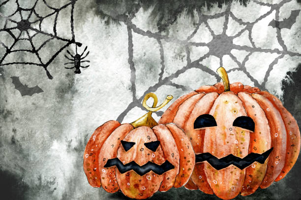 istock Night, twilight, cobweb and spider, pumpkin, bat for Halloween. Hand drawn watercolor black background. Design of festive products, postcards, templates, screensavers. Fear and horror concept 1272199638