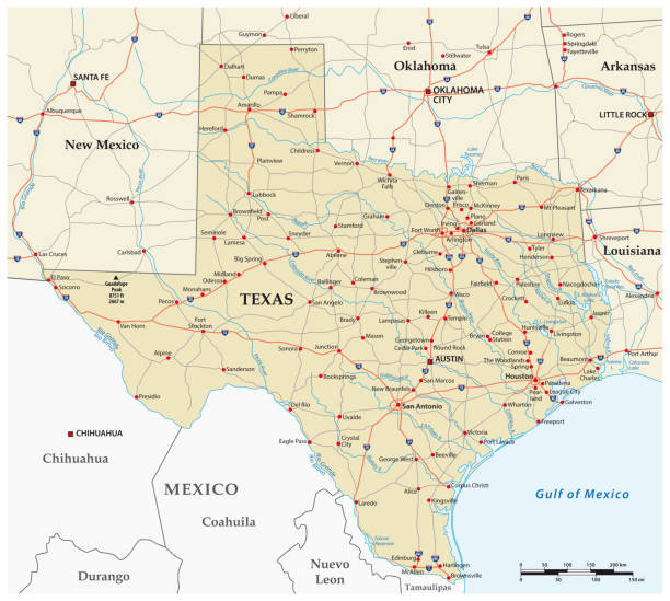 wektorowa mapa drogowa stanu teksas - map gulf of mexico cartography usa stock illustrations